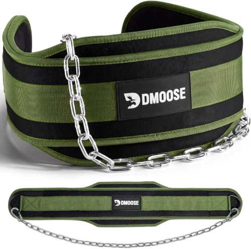 DMoose Dip-Gürtel für Kraftdreikampf mit 36 Stahl Kette - Weight Lifting Belt für Klimmzüge & Kniebeugen, Gewichthebergürtel für Herren & Frauen - Gewichtsgürtel mit bequemer Neopren-Stütze