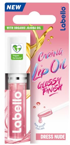 Labello Pflegendes Lippenöl, Dress Nude, 5,5 ml | Feuchtigkeitsspendendes Lippenöl mit Bio-Jojobaöl, rosiger Glanz, sofortige Feuchtigkeit, Vegan
