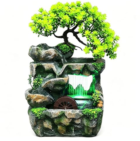 Zimmerbrunnen, Tischbrunnen mit LED Farbwechsel, Wasserfall Zimmerbrunnen | mit Feng Shui Rad, Leise Tauchpumpe, Tischbrunnen Deko für Wohnzimmer Büro Schlafzimmer, Luftbefeuchtend 18x15x30 cm