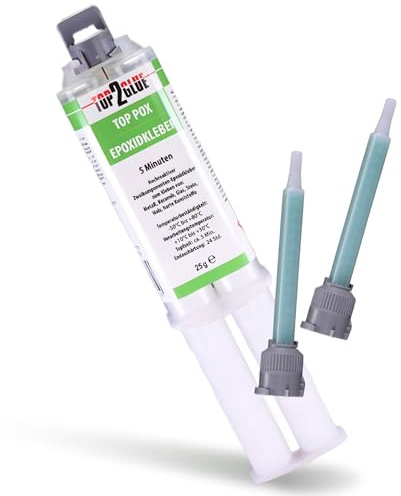 Top2Glue 2K Epoxidkleber 25g Spritze (1:1) inkl. 2 Mischspitzen – 5 Min. extrem starker Epoxy Kleber – schnellhärtend, wasserfest & langlebig – für Metall, Kunststoff, Holz, Glas, Stein & Keramik