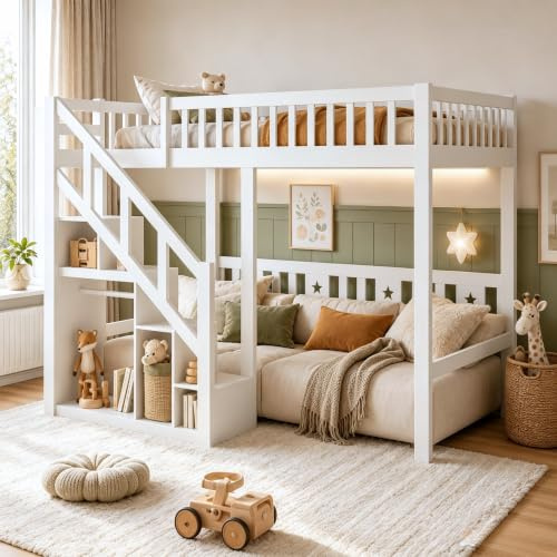 YGHQAP Etagenbett 140x200 Kinderbett Hochbett mit Lattenrost, Stauraum Regal Treppe, Kinderbett aus Holz mit Einfacher Kleiderschrank, Jugendhochbett, ohne Matratze, Weiß (140 * 200)