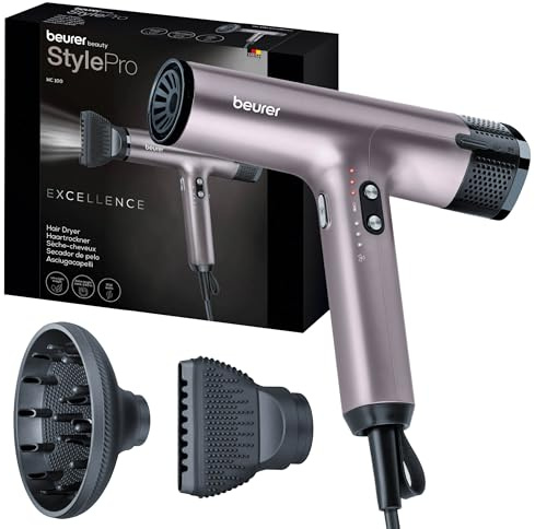 Beurer HC 100 Excellence Haartrockner, Föhn mit kraftvollem Digitalmotor, trocknet bis zu 20% schneller, leichtes Gewicht, besonders leise, Ionenfunktion für glänzendes Haar, inkl. Volumendiffusor