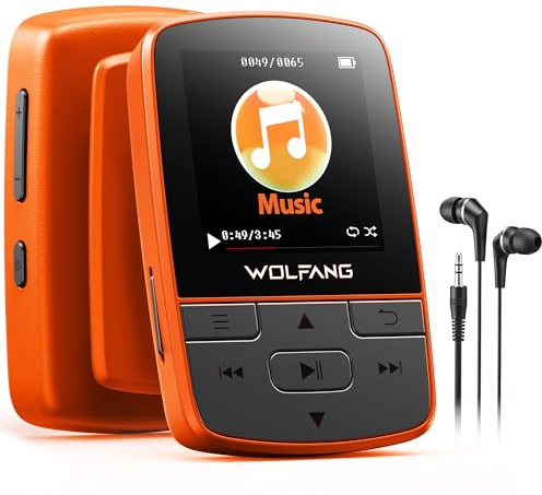 WOLFANG MP3-Player mit Bluetooth 5.2, Sportclip, Mini-Größe, Gewicht 28,3 g, HiF-FM-Radio, Diktiergerät, Kopfhörer im Lieferumfang enthalten, Orange
