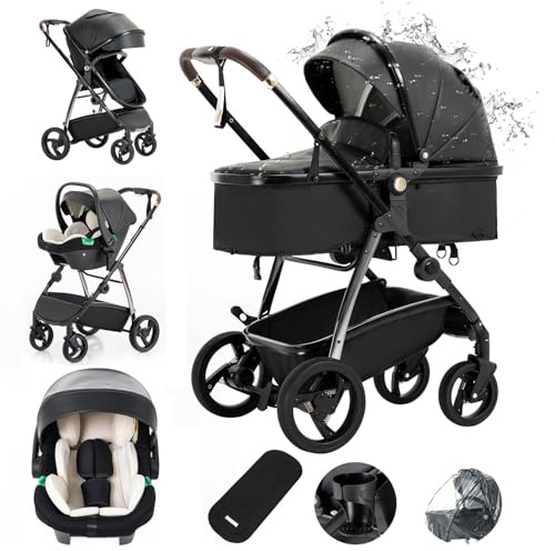 Gcarebb 3-in-1-Kinderwagen aus PU-Leder, Stadtkinderwagen mit Autositz, tragbarer Ein-Klick-Klappstock-Kinderwagen, Landschafts-Kinderwagen, hoher Aluminiumrahmen in Schwarz