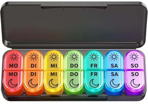 Doruimi Tablettenbox 7 Tage Morgens Abends, BPA Frei Pillendose Klein für Unterwegs, Medikamentenbox 7 Tage 2 fächer Große Fächer für Medikamente, Vitamine, Fischöl - Schwarz
