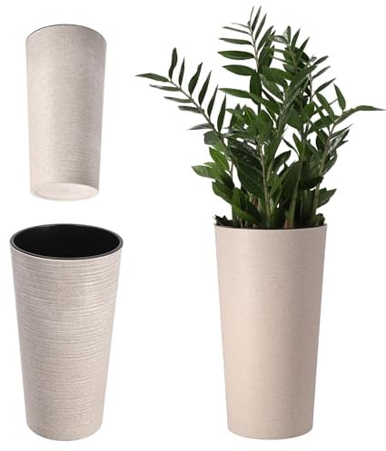 KADAX Pflanzkübel mit Innentopf Creme Ø 30 cm, Höhe 57.5 cm – Moderner Pflanztopf mit Einsatz, Blumentopf aus robuster Kunststoff für Innen- und Außenbereich, ideal für Wohnzimmer, Balkon, Büro
