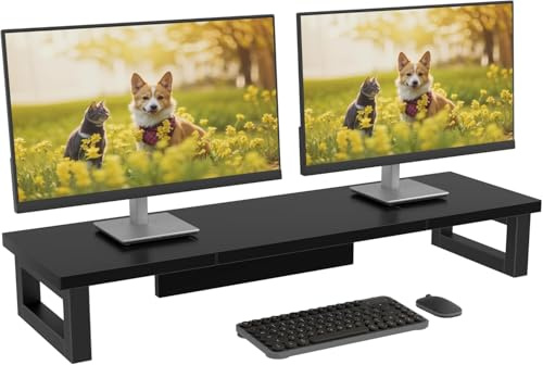 OYRREU Bildschirmerhöhung 2 Monitore, 91x26cm Monitor Erhöhung Schreibtisch Monitorständer Schwarz Computer Monitor Stand, Monitor Riser TV PC Bildschirm Computer Ständer