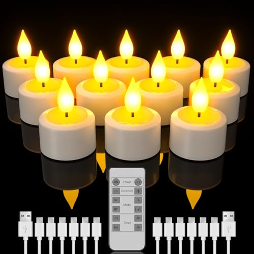 SoulBay LED Teelichter Wiederaufladbar mit Fernbedienung & Timer, 12er Set | Dimmbar Flackernd Warmweiß, 50-150 Std., H 5.5cm, USB-C Teelichter LED Aufladbar Kerzen, Wohnzimmer Halloween Weihnachtsdeko