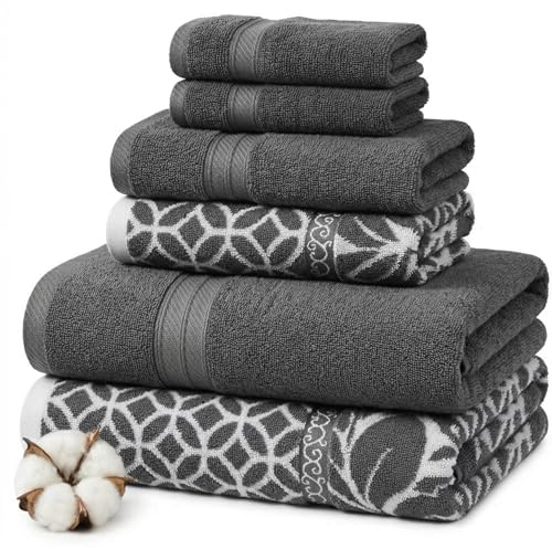 Modern Threads Trefoil Filigranes 6-teiliges wendbares garngefärbtes Jacquard-Handtuch-Set – Badetücher, Handtücher und Waschlappen – super saugfähig und schnell trocknend – 100% gekämmte Baumwolle