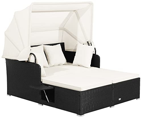 FANTASK 2 Personen Sonnenliege Rattan, Kissen & ausklappbaren Seitentischen, Gartenliege mit Dach, Auflage, Doppelliege, Sonnenbett, Loungebett, Cremeweiß