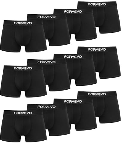 FORVEVO Boxershorts Herren Baumwolle Unterhosen Männer Unterwäsche Retroshorts 12er Pack - Atmungsaktive, Gummibund (12x Schwarz, L)