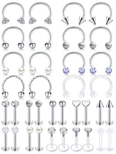 AceFun lippenpiercing Nasenpiercing Ringe Chirurgenstahl 16G Silber Lippenpiercing stecker 36 Stück Lippenring Tragus Helix Knorpel Ohr Piercing 8mm