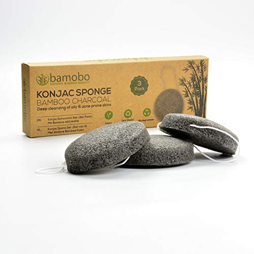 Konjac Schwamm (3er Pack), 100% natürlich Gesichtspeeling Reinigungsschwamm - Gesichtsschwamm Puff, Gesichtspeeling Gesichtswäscher für fleckige Haut - Aktivkohle Schwamm