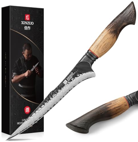 XINZUO 19cm Damaststahl Filetiermesser -67 Schichten Damastmesser Fischmesser Profi Kochmesser -Damaskus Fischfiliermesser Ausbeinmesser für Küchen -Ergonomischer Griff aus Weißeiche