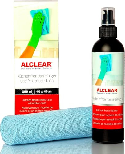 ALCLEAR 721KR Küchenfrontenreiniger 250ml mit Mikrofasertuch 40x40cm | für Hochglanz-/Lackfronten, Kunststoff, alkoholfrei, lösemittelfrei, fettlösend, streifenfrei, fusselfrei, Made in Germany