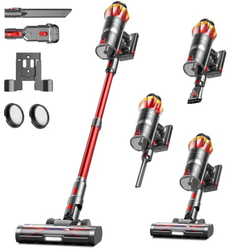 Akku Staubsauger 45000Pa/550W/65Min, 1,6L Staubsauger Kabellos mit Display, Anti-Tangle-Bürste, Selbststehend, Wandladestation, 8-Schicht-Filtration, Ultraleise, für Tierhaare/Teppiche/Hartböden/Auto