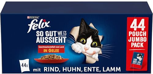 Felix So gut wie es aussieht Geschmacksvielfalt vom Land in Gelee Katzennassfutter, 44er Pack (44 x 85g)