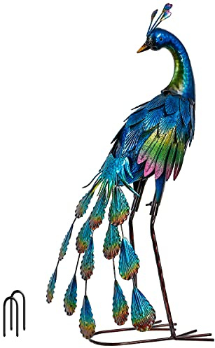 TERESA'S COLLECTIONS Gartendeko für draußen, Gartenfigur für Außen, 45.7cm Metall Pfau Wetterfest Figur, Stehende Pfau Metallfigur für Terrasse Balkon Rasen, Muttertagsgeschenk Vatertagsgeschenk(M)