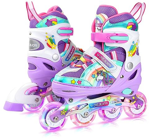 4-Pejiijar Einhorn Inliner für Mädchen Kinder Größen Verstellbar Mit Allen Leuchtenden Rädern Regenbogen Inline Skates für Anfänger Teenager Weihnachts und Geburtstags Geschenke