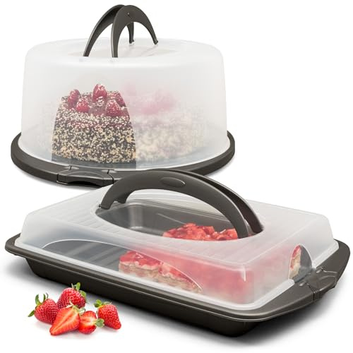 Hausfelder Kuchen Transportbox Set Rund und, 2er Set, Anthrazit | 2er Kuchentransportbox für Blechkuchen Gugelhupf, Tortenbehälter mit Deckel Haube Kastenform Kuchenbutler