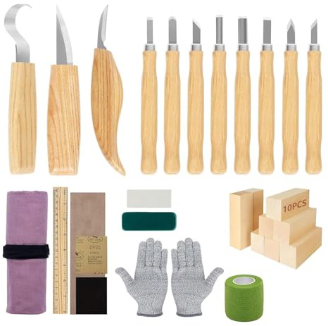 SAMISO 30 Stück Profi Holzschnitzmesser Set mit schnittfesten Handschuhen für Anfänger und Profis