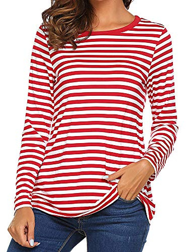 Damen Ringelshirt Rot-Weiss Karneval Langarm Gestreiftes Shirt Rundhals Pullover Oberteil Sweatshirt Bluse Tops