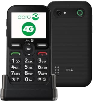 DORO Telefon – Doro Leva E10 – 4G Handy für Senioren – 2,4 Zoll Querformat-Display, kontrastreiche Tasten, besonders klarer Klang, HD Voice, Kamera, Doro Secure-Taste – Inklusive Ladestation – Schwarz