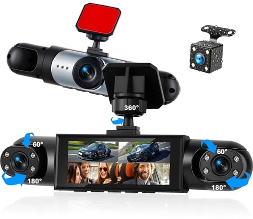 4-Kanal CAMECHO Dashcam Auto 1080P, 360° Rundumsicht mit 4 verstellbaren Kameras, 3.16 Zoll Display, Rückfahrhilfslinien, Belichtungskorrektur, Loop-Aufnahme, einfache Montage