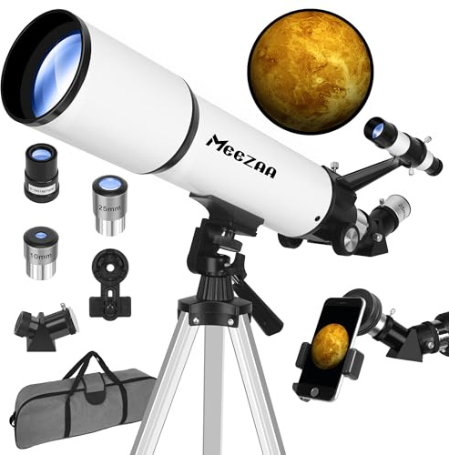 MEEZAA Teleskop, Teleskop Astronomie Erwachsene Profi, 80 mm Öffnung 600 mm Refraktor-Teleskop für Kinder und Einsteiger mit Stativ, Handyhalterung und Tragetasche zur Beobachtung Planeten und Mond