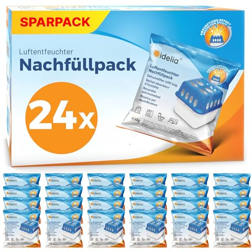 Idelia® 24x Luftentfeuchter Granulat 400g (XXL Sparvorteils 24er Set Luftentfeuchter Nachfüllpack's) I Entfeuchter Nachfüllpack (Schimmel- und Geruchsschutz)
