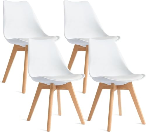 CangLong 4 Esszimmerstühle mit Beinen aus massivem Buchenholz, Modernes Retro-Design der Jahrhundertmitte, Polsterstühle für Küche, Esszimmer und Wohnzimmer, Weiß