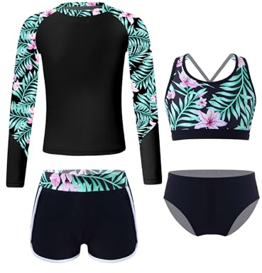 Fldy Mädchen Rash Guard Badeanzug 4er Set Langarm UV Shirt Oberteil Tankini Hose Und Schwimmslip Kinder Schwimmbekleidung Strandmode Schwarz 146-152