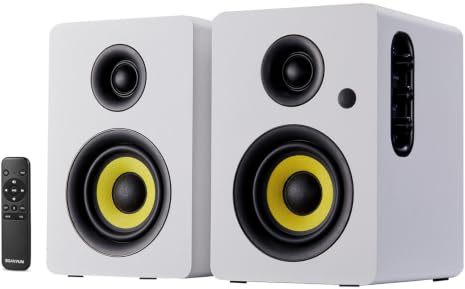 Sanyun SW206 80W Aktive Regallautsprecher 2.0 4“, Creator-/Musikmodus | Kohlefaser 10cm + Seidenkalotte 25mm, 24-Bit-DAC, TRS 6,35mm symmetrisch, Optisch/Koaxial/AUX/USB/BT, MDF (Paar, Weiß)