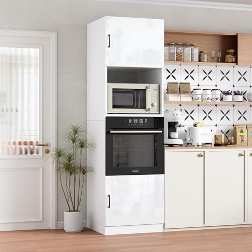 Mikrowellenumbauschrank,Hochschrank für Backofen 60x57.2x207cm,Küchenzeile für Backofen,Mikrowelle,Küchenschrank Küchenbuffet mit 2 Regalen und 2 Schränken Esszimmerschrank,Anti-Kipp,Weiß Hochglanz