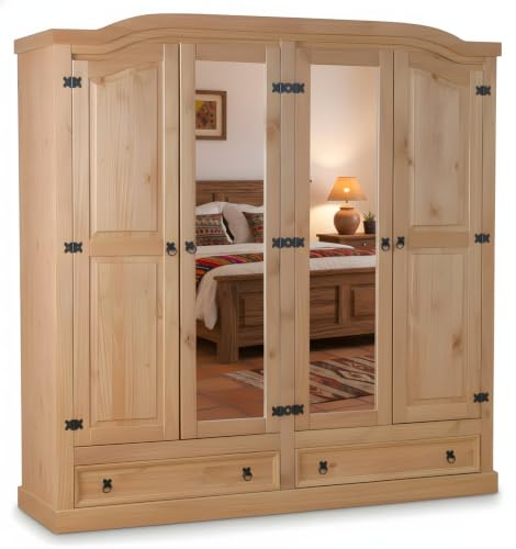 Hacienda-Look – 4-türiger Kiefer Kleiderschrank New Mexico natur – B193,5xH 193xT 57cm – 2 Schublade(n) – massive Kiefer – Farbe Natur – Hacienda-Stil – wärmender Massivholz-Look fürs Zuhause