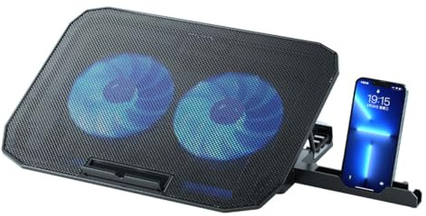 NK Base Refrigeradora Portátil - Ventilador Ordenador Portatil de 12-17 Con Soporte Ajustable 5 Alturas, 2 Ventiladores Silenciosos, 2 Puertos USB, Refrigeración Rápida, Luz LED Azul - Color Negro