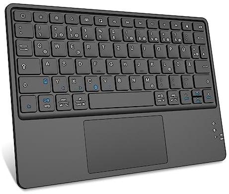 FINTIE Kabellose Bluetooth Tastatur mit Touchpad, Schwarz | Tablet Tastatur Deutsch Layout für iPad, Samsung Tablets, iPhone, Smartphone, iOS/Android-Tablets