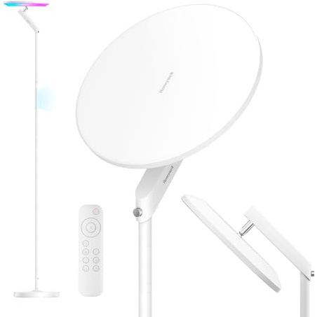 Honeywell LED Stehlampe Wohnzimmer Dimmbar,3000LM 2700-5700K Fernbedienung | 180 Sunturalux-LEDs, CRI92, Stufenloses Dimmen 5-10%,6 RGB-Modi,Touch-Steuerung,Metall Weiß für Wohnzimmer & Schlafzimmer