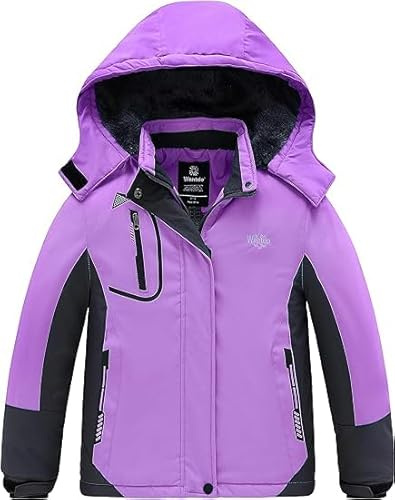 Wantdo Berg Skijacke Mädchen Wasserdicht Winterjacke mit mit Kapuze | 10000mm Wasserdicht,Atmungsaktiv,Winddicht,Fleecefutter,Abnehmbare kapuze, 3 Reißverschlusstaschen,Regenmantel,Ski,Outdoor