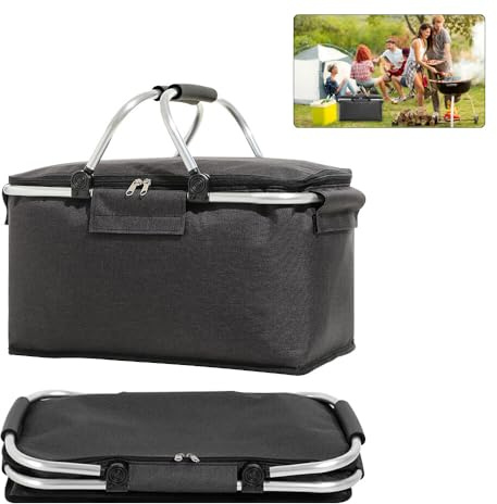 ZOYDP Einkaufskorb Faltbar 18L, Thermo-Deckel Picknickkorb, Aluminiumgestänge Tragegriffen, Reißverschluss, Schwarz für Reisen, Einkaufen