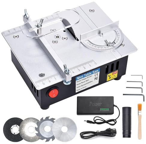 Mini Tischkreissäge mit 4 Klingen, 7-Gang-Netzteil Einstellbarer Präzisions Table Saw, 96W Tischkreissägen Tragbare 0,1-15mm Sägeblatt Höhenverstellbarer und Sicherheitsklappe für Holzbearbeitung