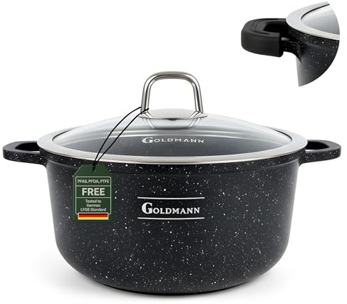GOLDMANN Kochtopf aus Aluminiumguss, 24 cm - 4.5 L, antihaftbeschichtete Keramik-Marmor-Optik, Glasdeckel, induktions- und für alle Herdarten geeignet, ofenfest und PFOA-frei