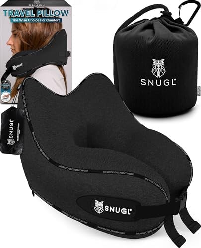 SNUGL Nackenkissen Memory Foam Waschbar & Verstellbar | Kuscheliges Nacken Reisekissen Für Flugzeug, Auto & Unterwegs | Reise-Kissen Nackenhörnchen, Neck Travel Pillow (Schwarz, Erwachsener Klein)
