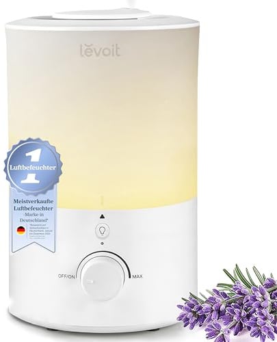 Levoit Luftbefeuchter Schlafzimmer, langlebig mit Auto Shut-off, Kaltnebel-Ultraschall mit oberer Befüllung, 25 dB Raumbefeuchter für Baby, Pflanzen, bis 25H, 3 L, Warmweiß