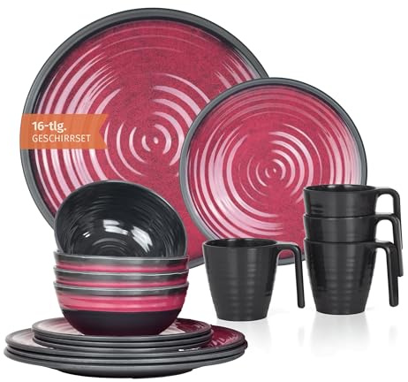 Melamin Camping Geschirr Set 4 Personen Stone Red + 4 Tassen Stone Kaffetassen Becher Tafelgeschirr Picknick BBQ Kochgeschirr