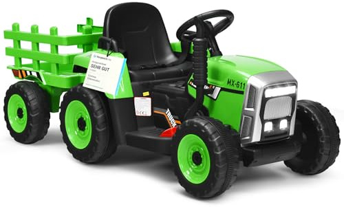 COSTWAY 12V 3-Gang Traktor mit abnehmbarem Anhänger und 2,4G Fernbedienung, Kinder Aufsitztraktor mit LED Lichtern, Musik, Hupe & USB Funktionen, geeignet für Kinder ab 3 Jahren (Grün)
