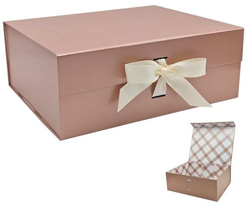 Tekhoho Roségold Große Geschenkbox 33.5x27x12.5cm, Premium Geschenkbox mit Magnetdeckel und Schleife für Feiertage Hochzeit Geburtstag Geschenkverpackungen, kariertes Innenfutter