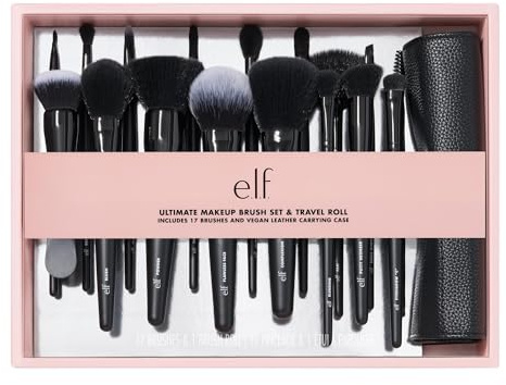 e.l.f. Ultimate Makeup Brush Set & Travel Roll, 17-Piece Brush Kit, Brushes For Eyeshadow, Foundation, Powder, Concealer & more, Vegan & Cruelty-free