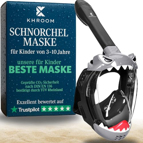 Khroom Schnorchelmaske Kinder 3 - 10 Jahre | TÜV geprüft & CO2 sicher | Vollgesichtsmaske / Tauchmaske Kinder ganzes Gesicht | Tauchermaske mit Tragetasche (Hai Schwarz)