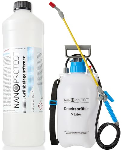 Nanoprotect 1 kg Grünbelagentferner Konzentrat - Drucksprüher Set - 200 m² | Fassadenreiniger + 5L Gartenspritze | Selbsttätig ohne Schrubben für Stein, Holz, Textil | Ideal für Terrasse | Desinfektion